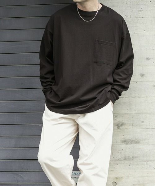 45R 長袖Tシャツ ポケット付き(ブラック) Goodwear 袖リブスーパービッグシルエット 胸ポケット付きロング