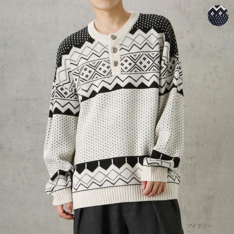 POWER TO THE PEOPLE ヘンリージャカードニット メンズ商品画像-1