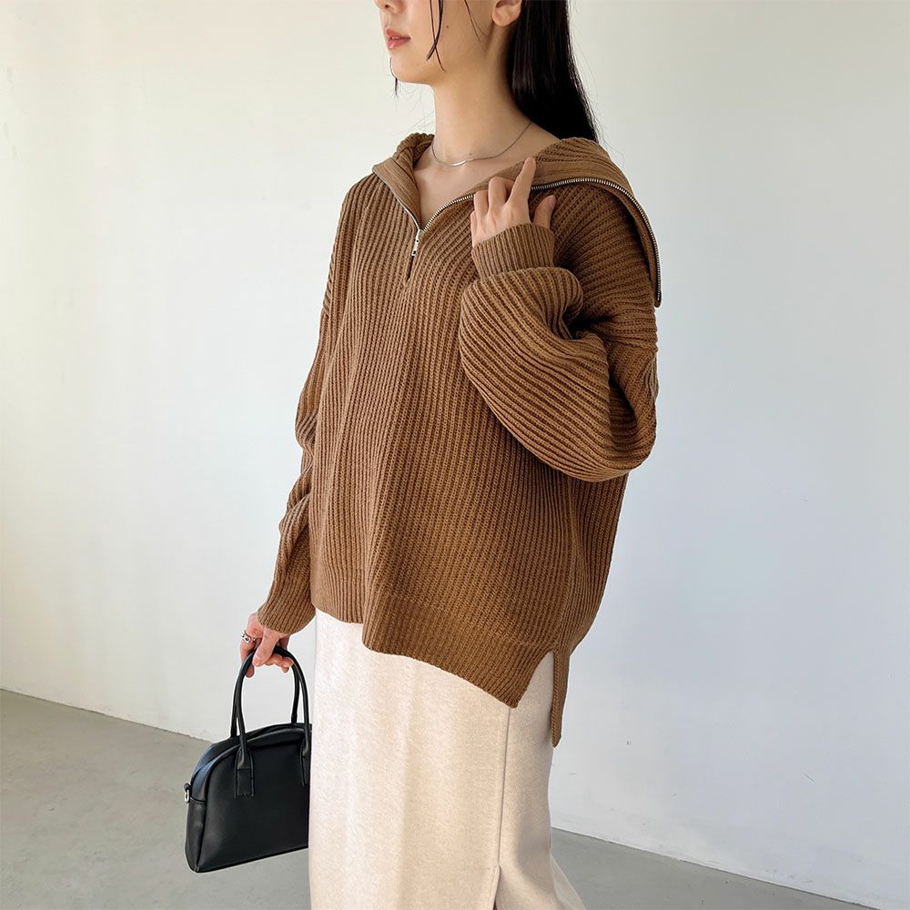 Drawer 上質ウール生地 バックジップトップス オーバーシルエット 美品　M GOOD CREW ハーフジッププルオーバー レディース