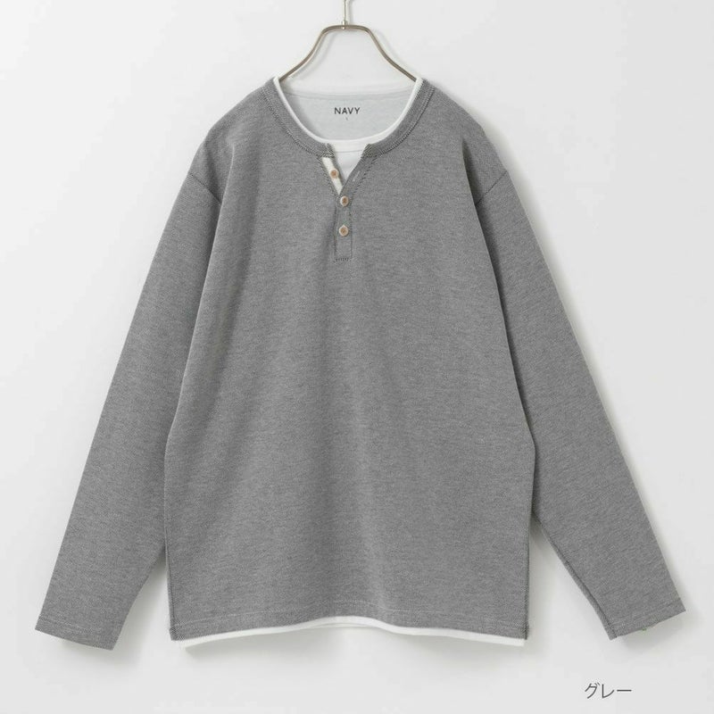 NAVY ヘンリーネックフェイクレイヤード長袖Tシャツ メンズ商品画像-2