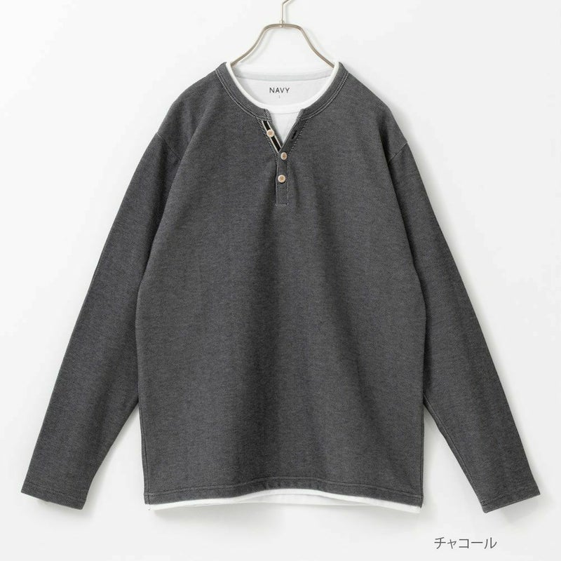 NAVY ヘンリーネックフェイクレイヤード長袖Tシャツ メンズ商品画像-3
