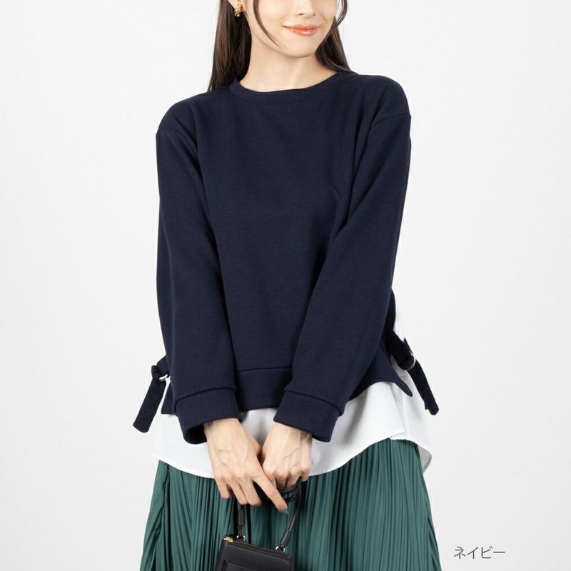 [期間限定価格]NAVY ポンチ素材 時短シャツ切り替えラウンドプルオーバー レディース商品画像-2