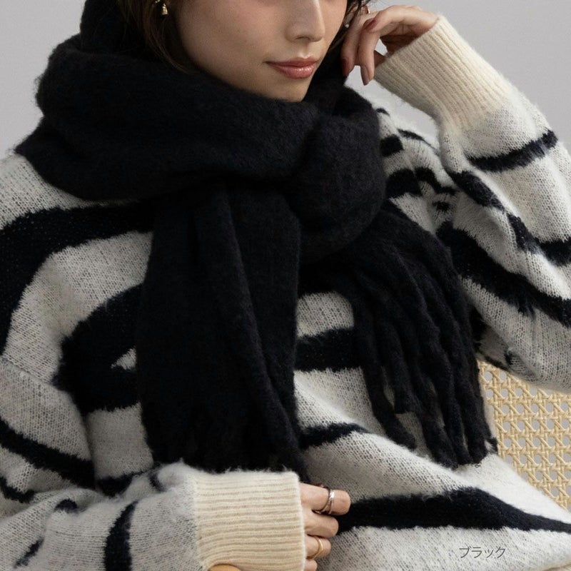 NAVY 太フリンジ無地マフラー レディース商品画像-2