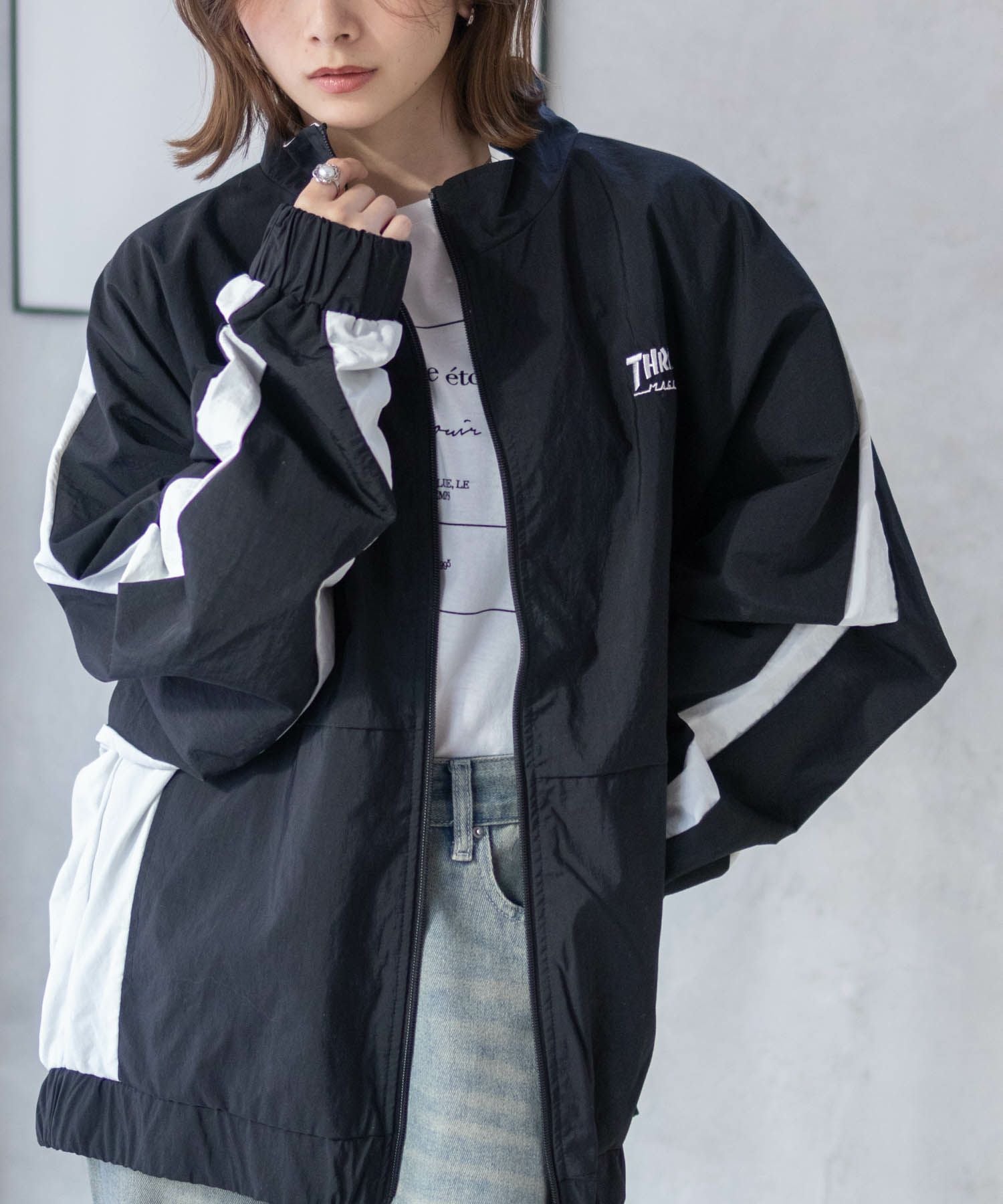 OURET ロングブルゾン　ブラック/ホワイト THRASHER 裏メッシュブルゾン メンズ