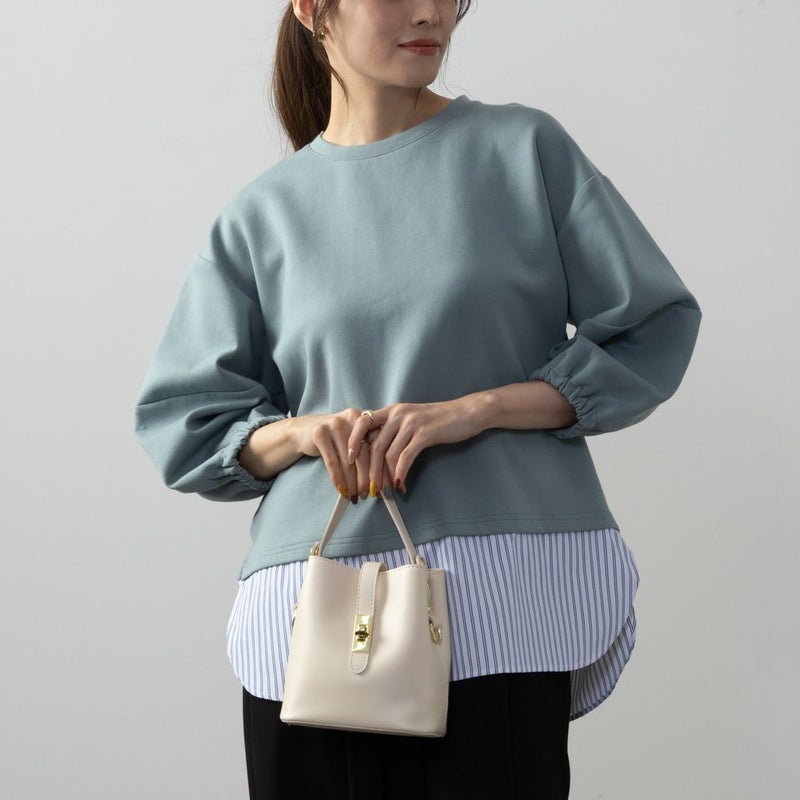 NAVY  ポンチ素材 時短フェイクレイヤード九分袖プルオーバー レディース商品画像-2