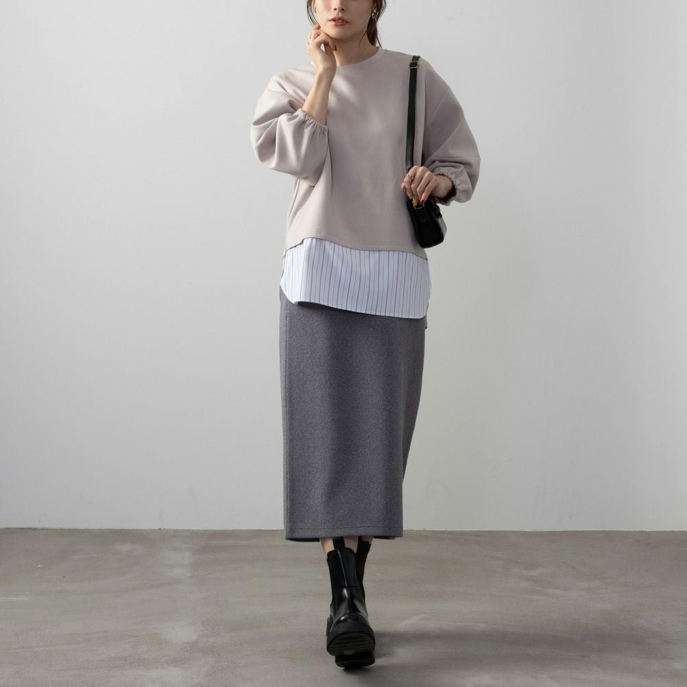 NAVY ポンチ素材 時短フェイクレイヤード九分袖プルオーバー レディース