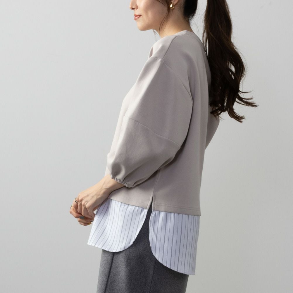 NAVY ポンチ素材 時短フェイクレイヤード九分袖プルオーバー レディース