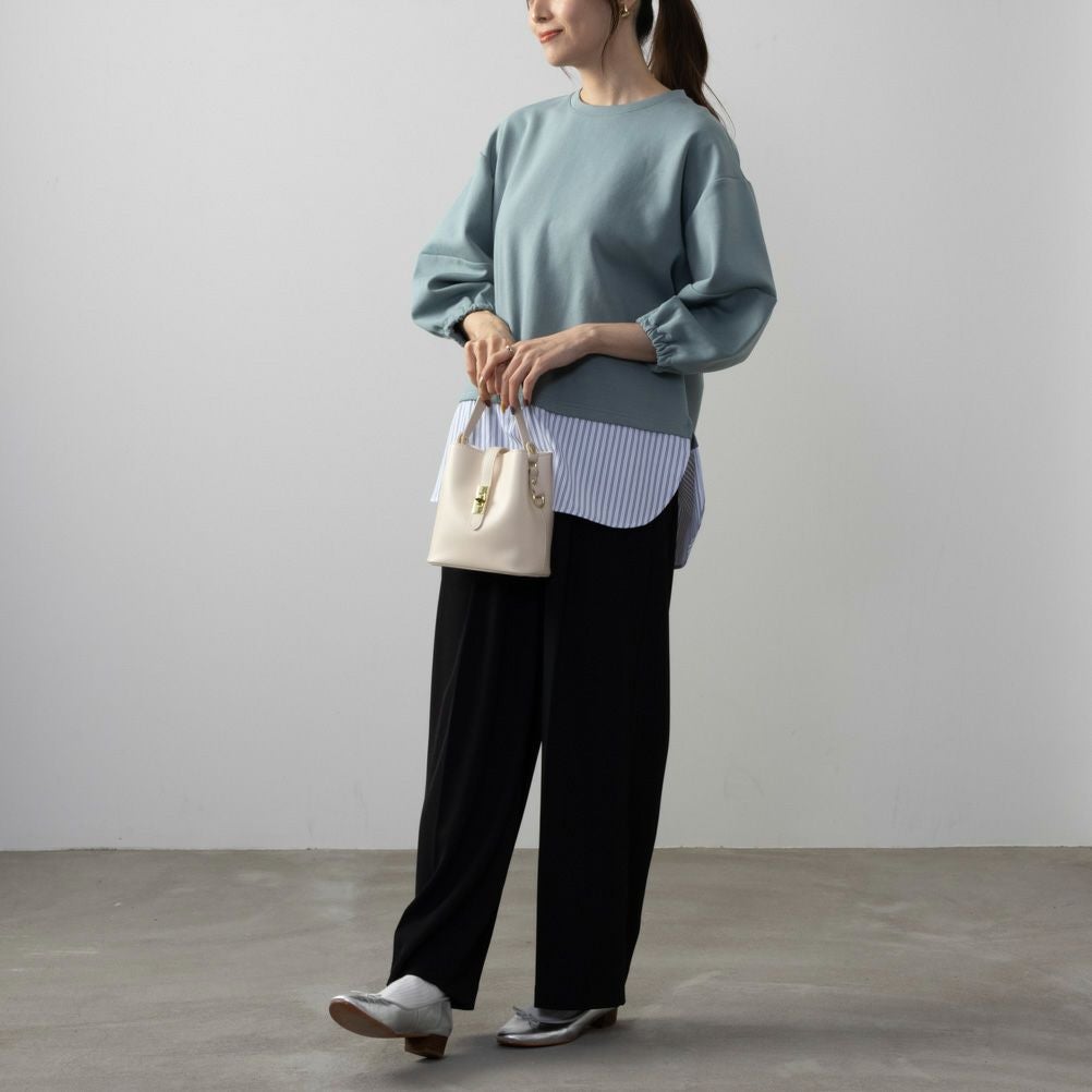 NAVY ポンチ素材 時短フェイクレイヤード九分袖プルオーバー レディース