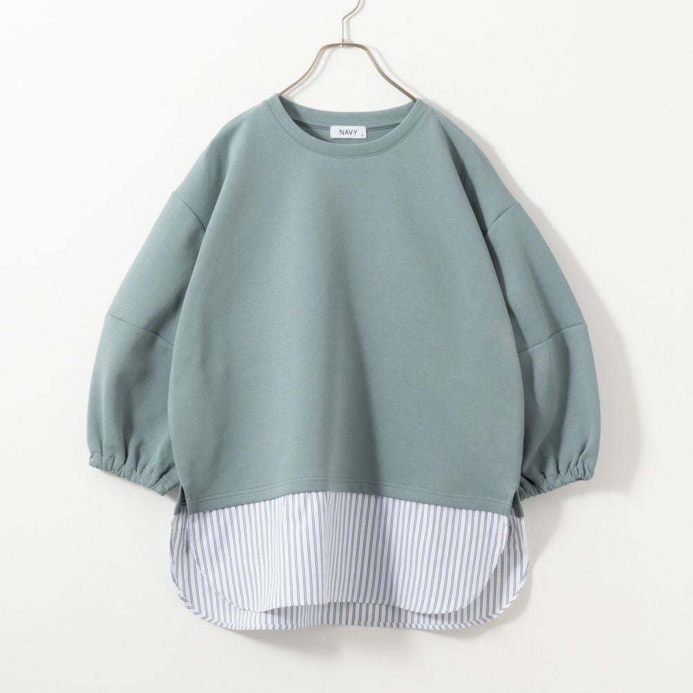 NAVY ポンチ素材 時短フェイクレイヤード九分袖プルオーバー レディース