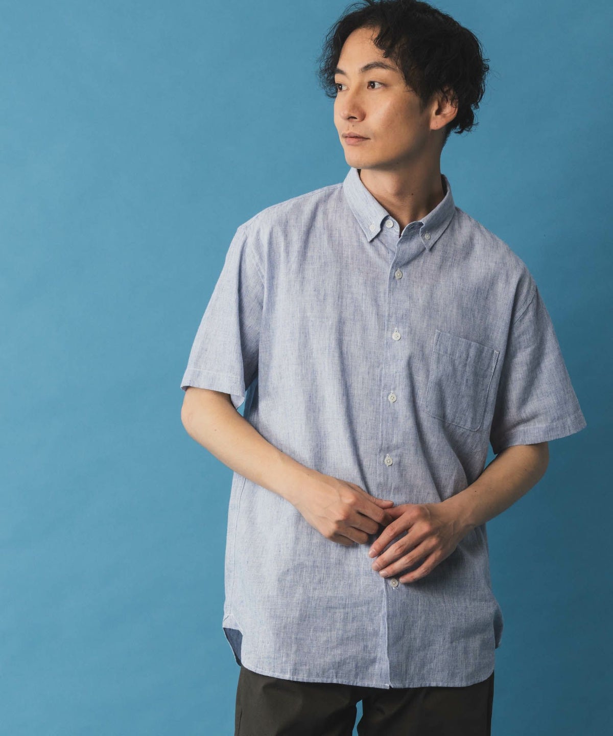 NAVY リネン混ショートスリーブシャツ メンズ