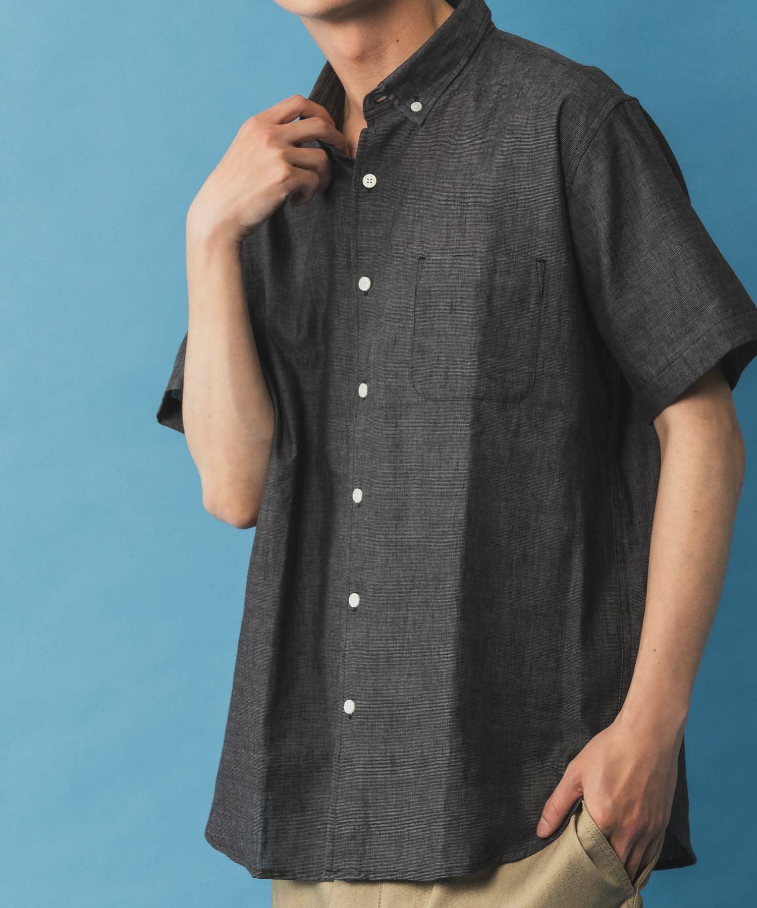 NAVY リネン混ショートスリーブシャツ メンズ NAVY リネン混ショートスリーブシャツ メンズ
