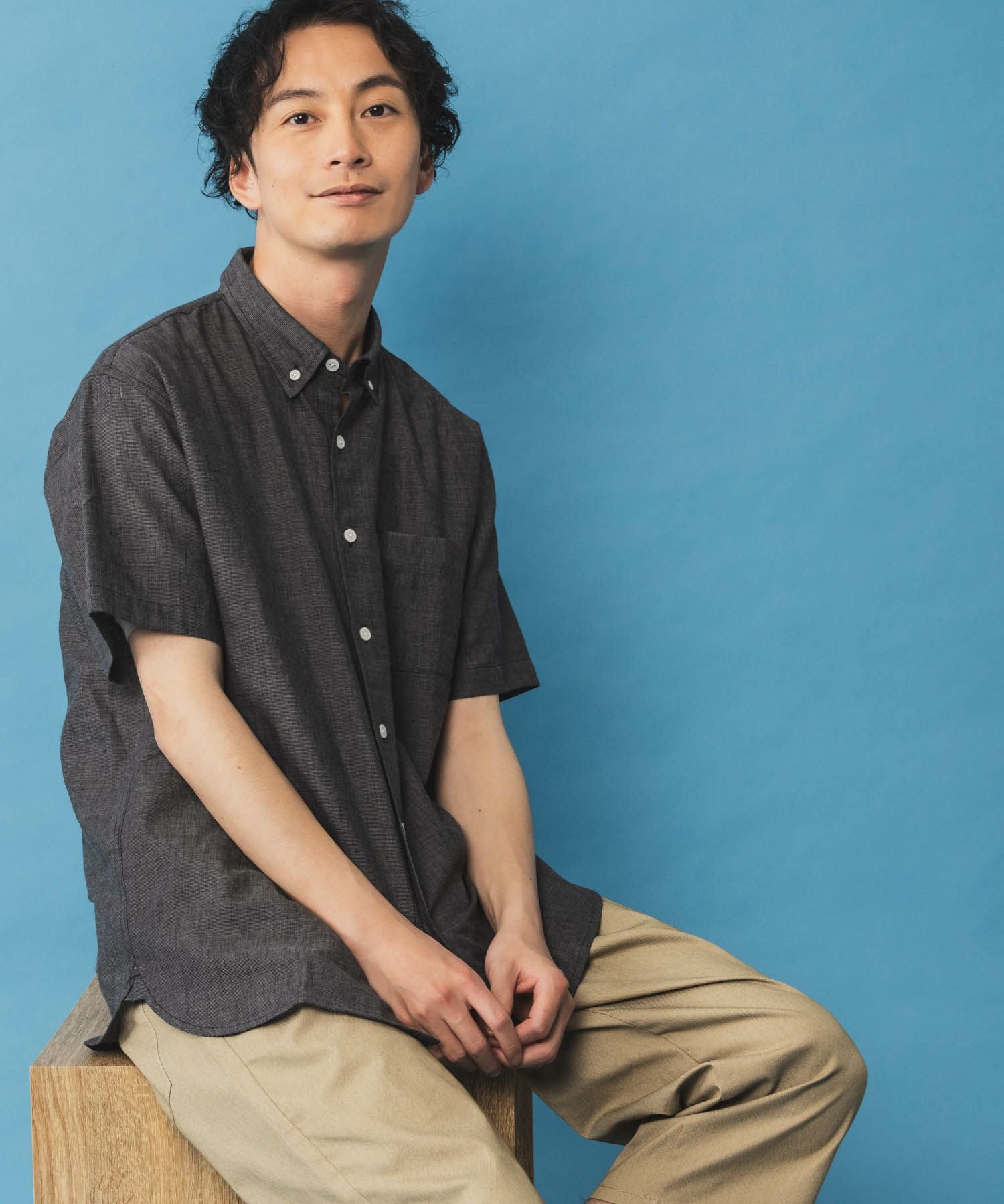 NAVY リネン混ショートスリーブシャツ メンズ