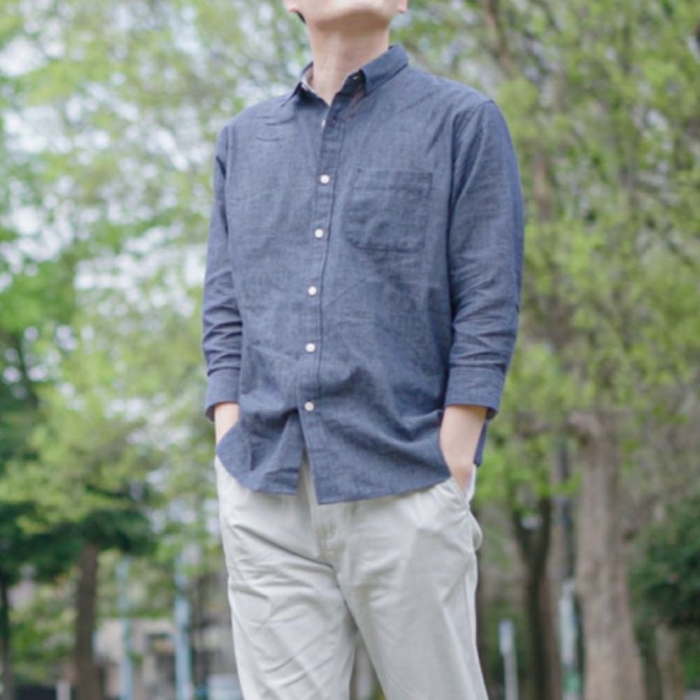 NAVY リネン混7分袖シャツ メンズ