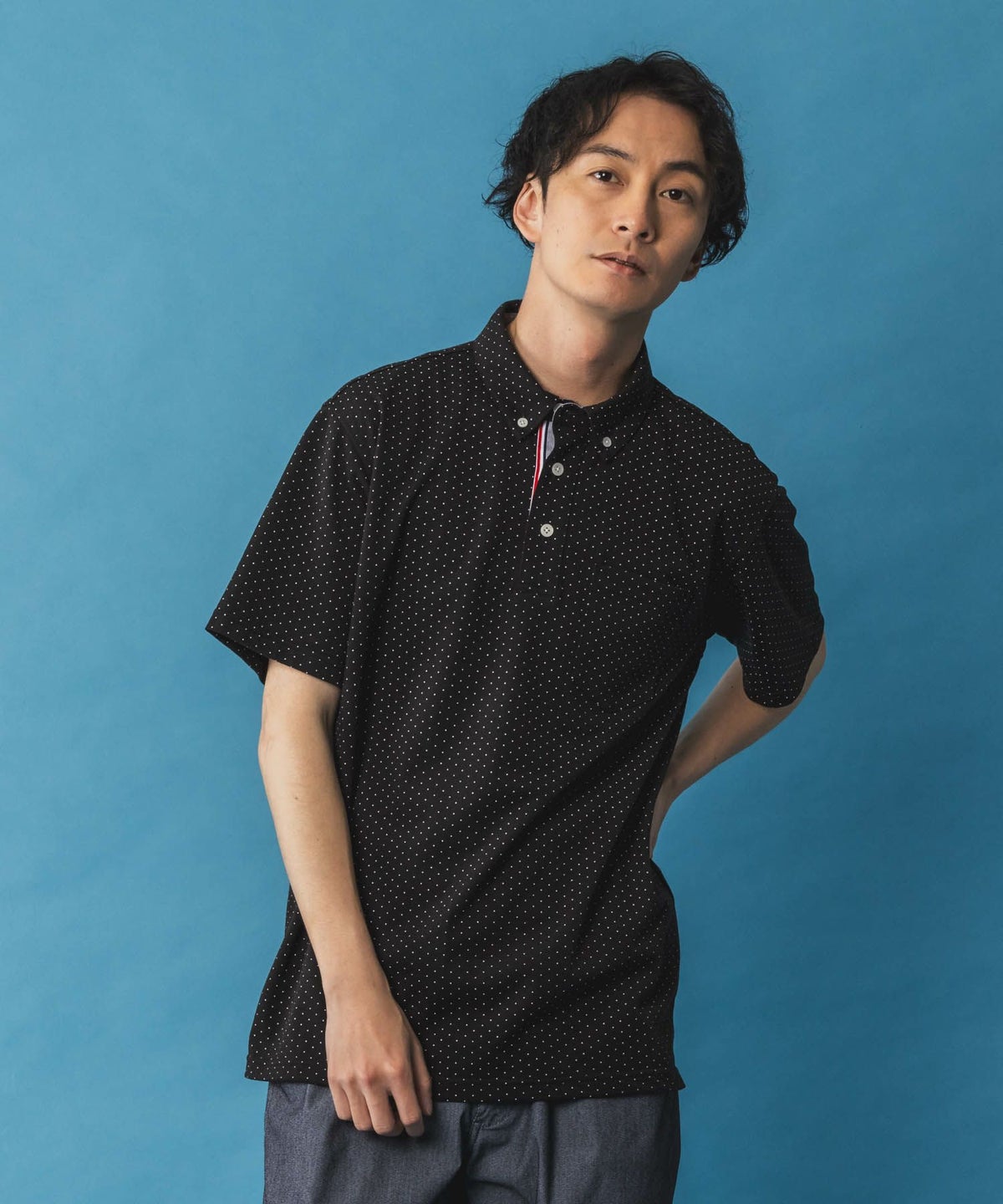 NAVY SARARI リピュール加工 総柄ポロシャツ メンズ