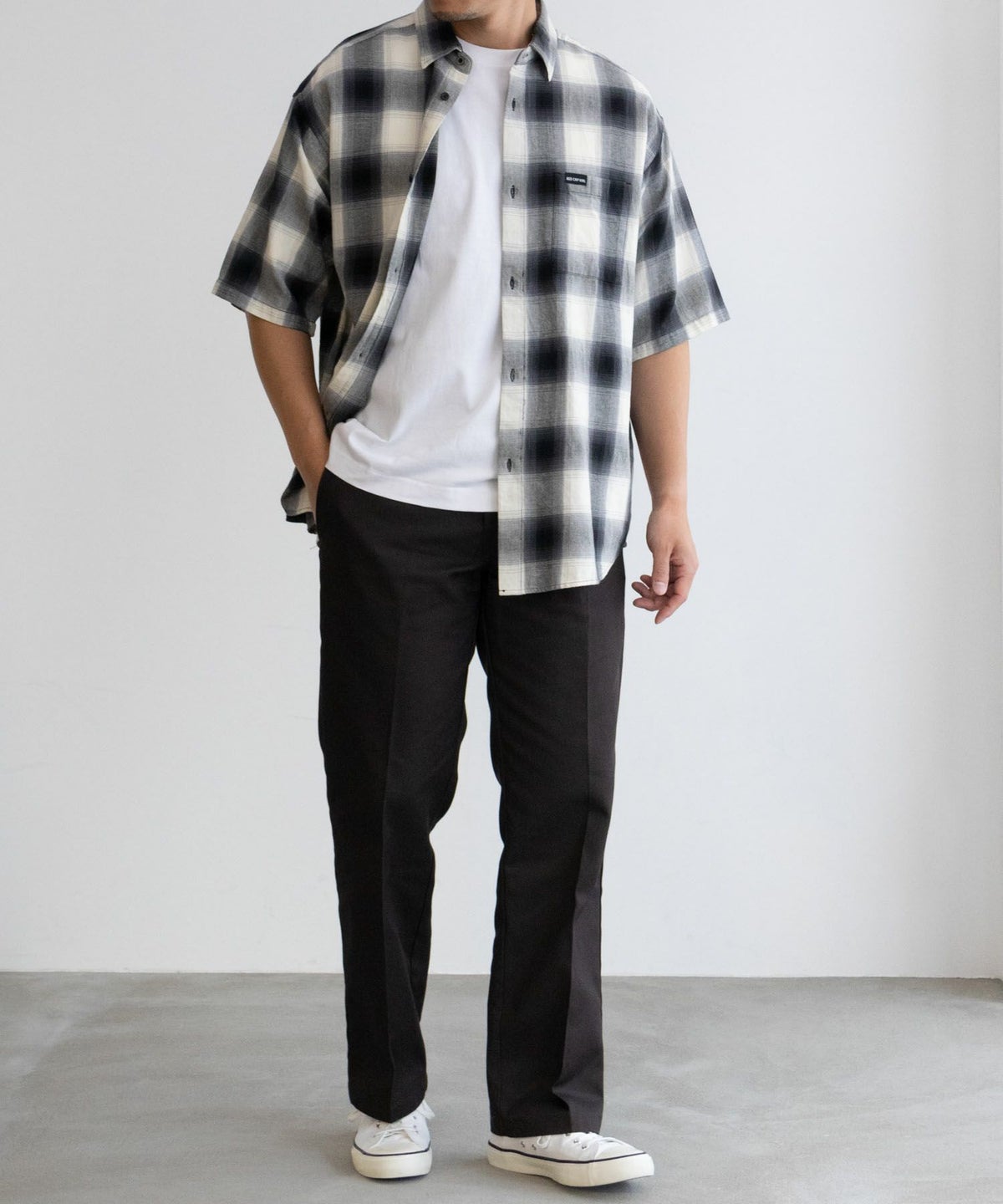 RED CAP GIRL オンブレーチェックバック刺繍＆プリント半袖シャツ メンズ