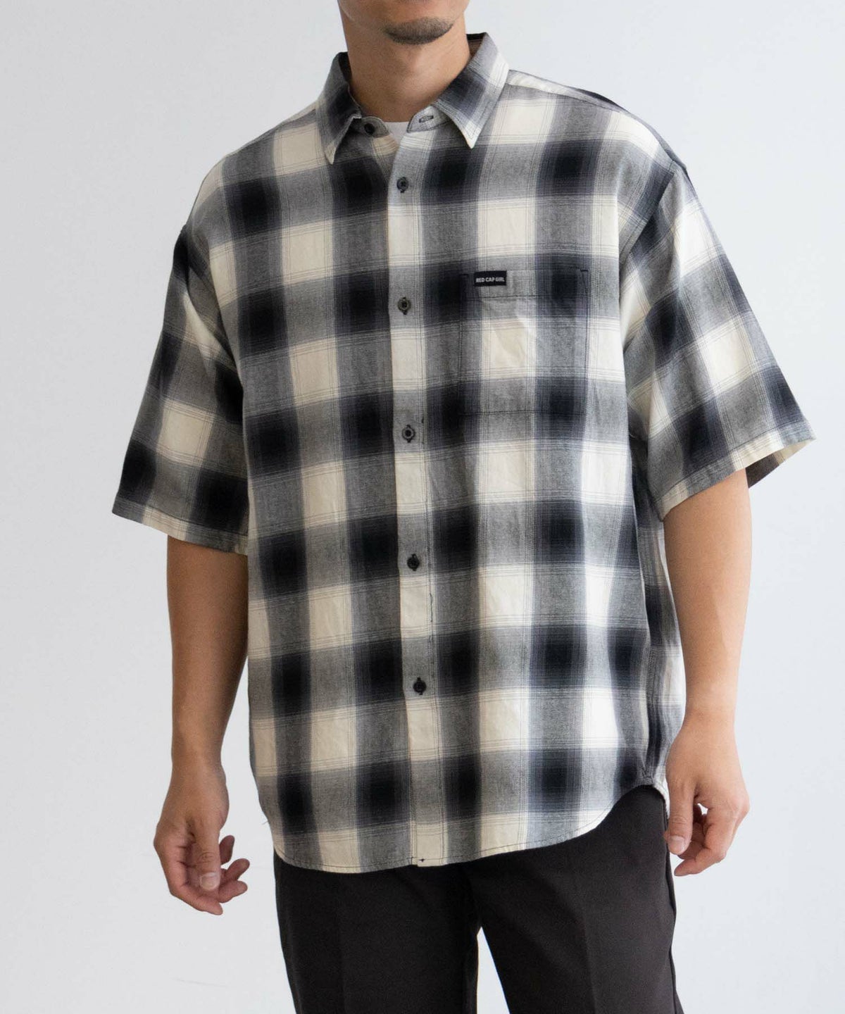 RED CAP GIRL オンブレーチェックバック刺繍＆プリント半袖シャツ メンズ
