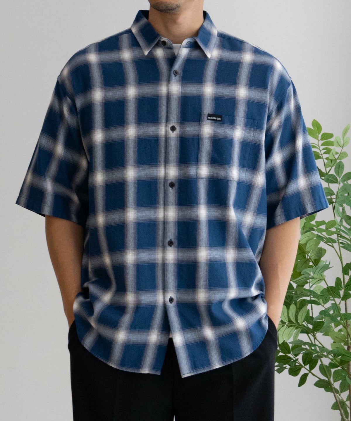 RED CAP GIRL オンブレーチェックバック刺繍＆プリント半袖シャツ メンズ