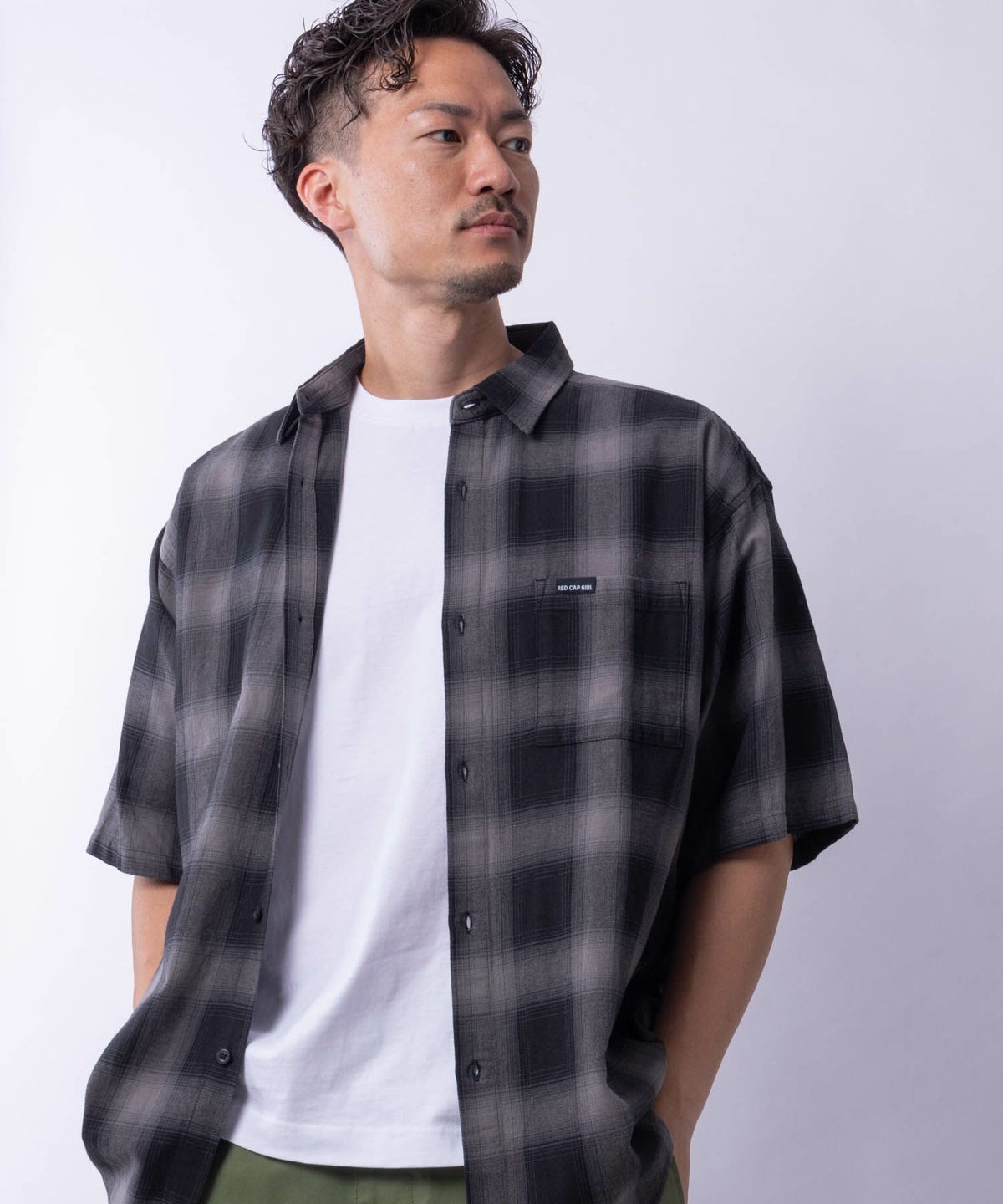 RED CAP GIRL オンブレーチェックバック刺繍＆プリント半袖シャツ メンズ