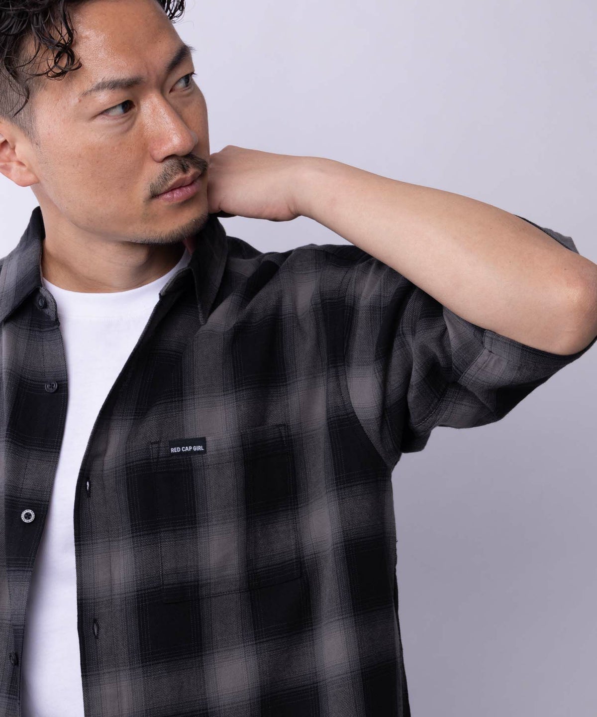 RED CAP GIRL オンブレーチェックバック刺繍＆プリント半袖シャツ メンズ