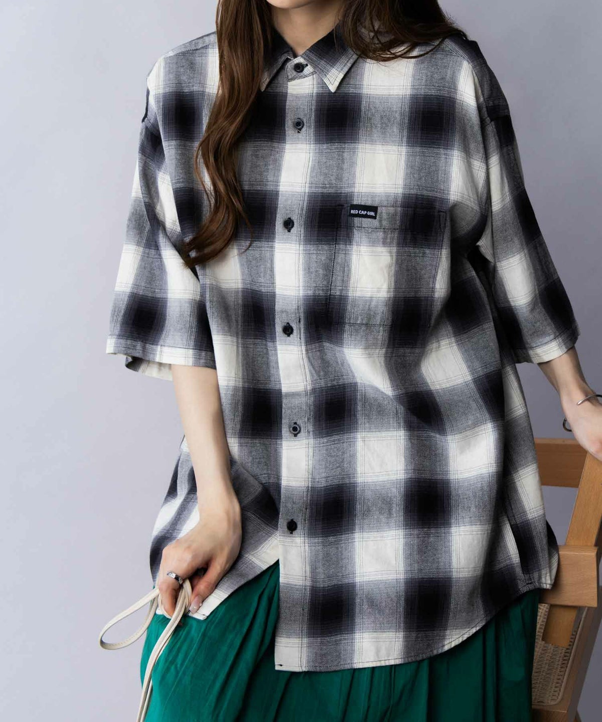 RED CAP GIRL オンブレーチェックバック刺繍＆プリント半袖シャツ メンズ
