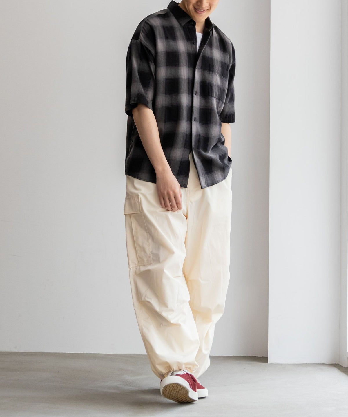 NAIVE MAGIC オンブレーチェックルーズサイズ半袖シャツ メンズ