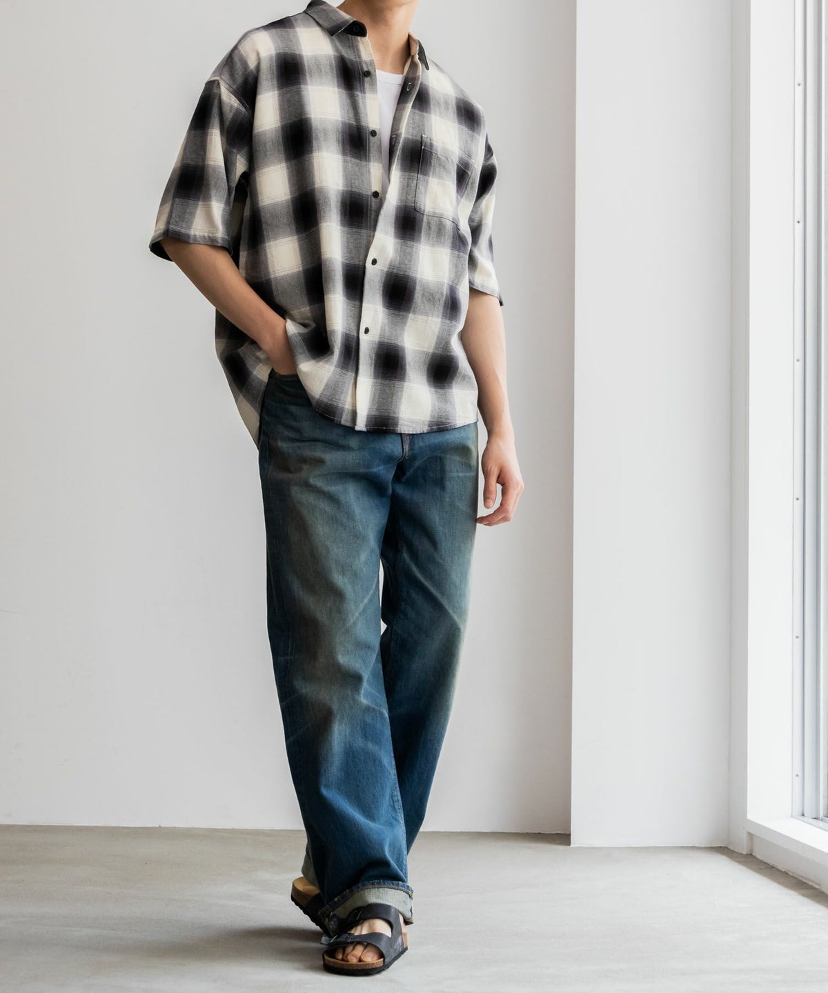 NAIVE MAGIC オンブレーチェックルーズサイズ半袖シャツ メンズ