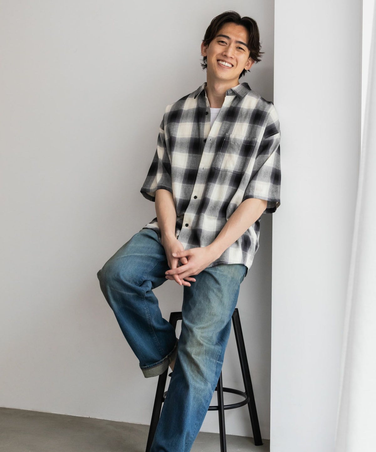 NAIVE MAGIC オンブレーチェックルーズサイズ半袖シャツ メンズ