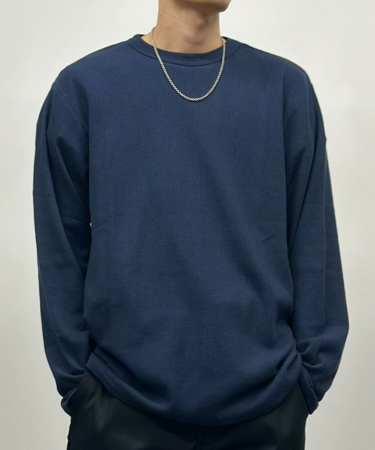 NAVY ワッフルクルーネック長袖Tシャツ メンズ