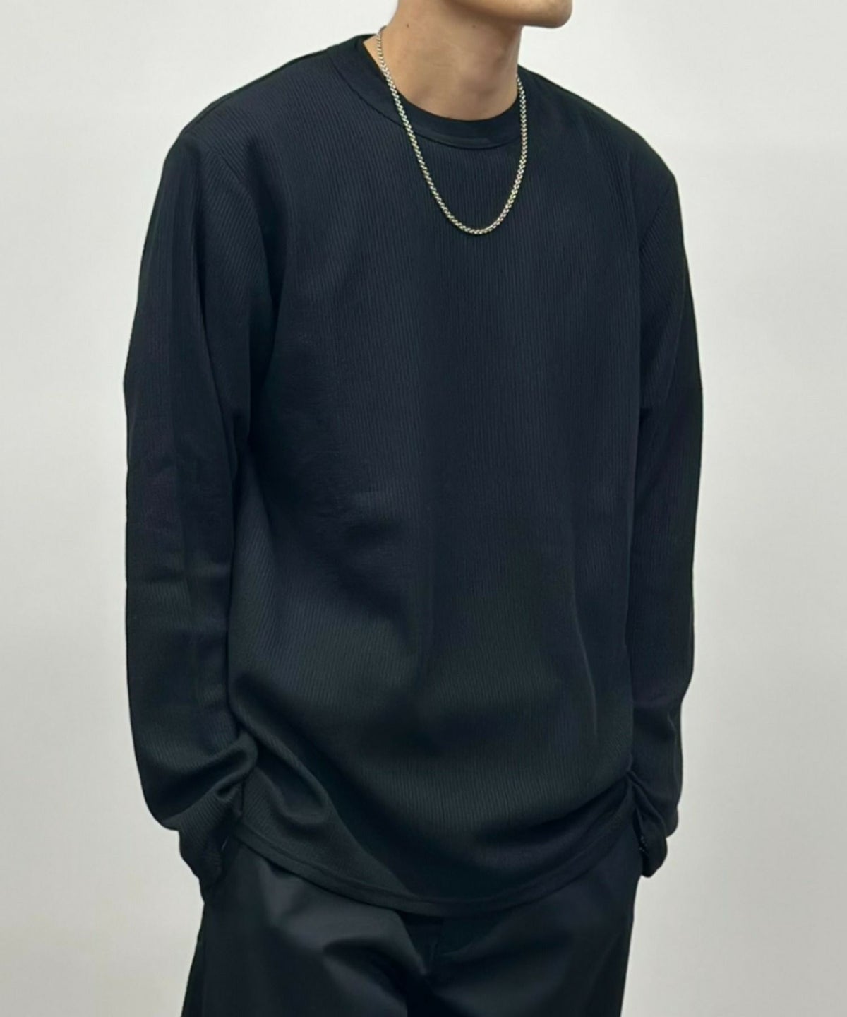 NAVY ワッフルクルーネック長袖Tシャツ メンズ