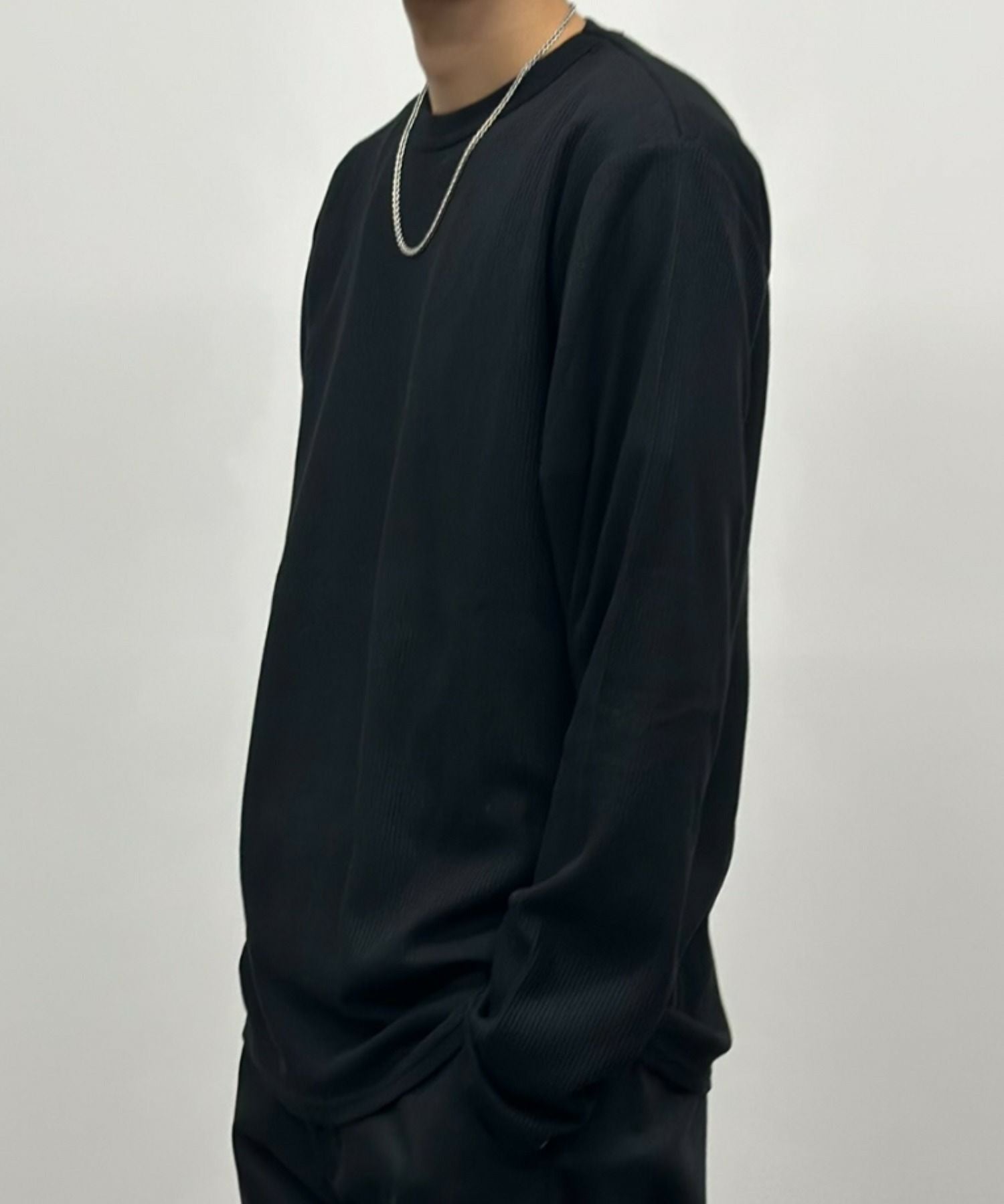 NAVY ワッフルクルーネック長袖Tシャツ メンズ