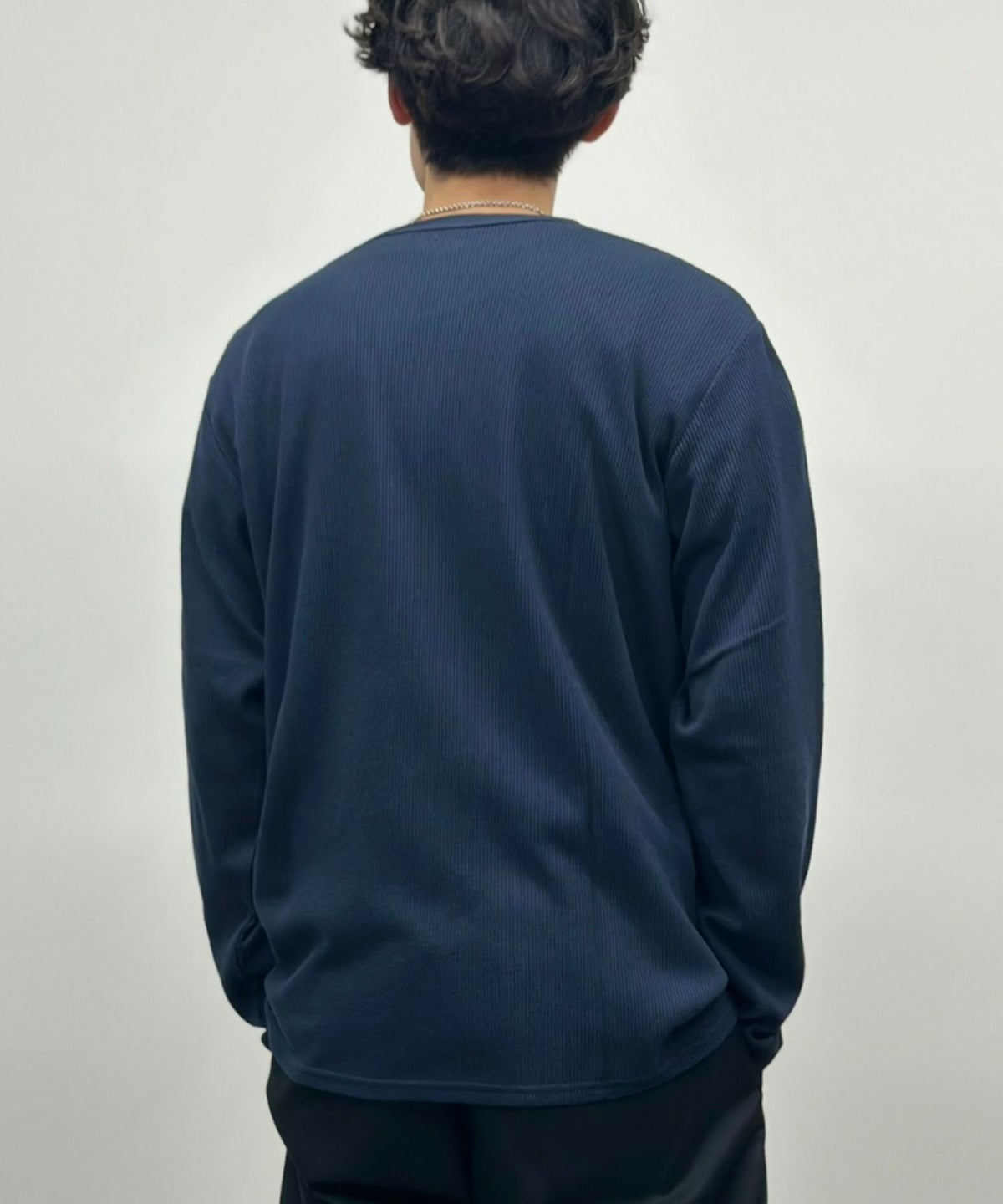 NAVY ワッフルクルーネック長袖Tシャツ メンズ