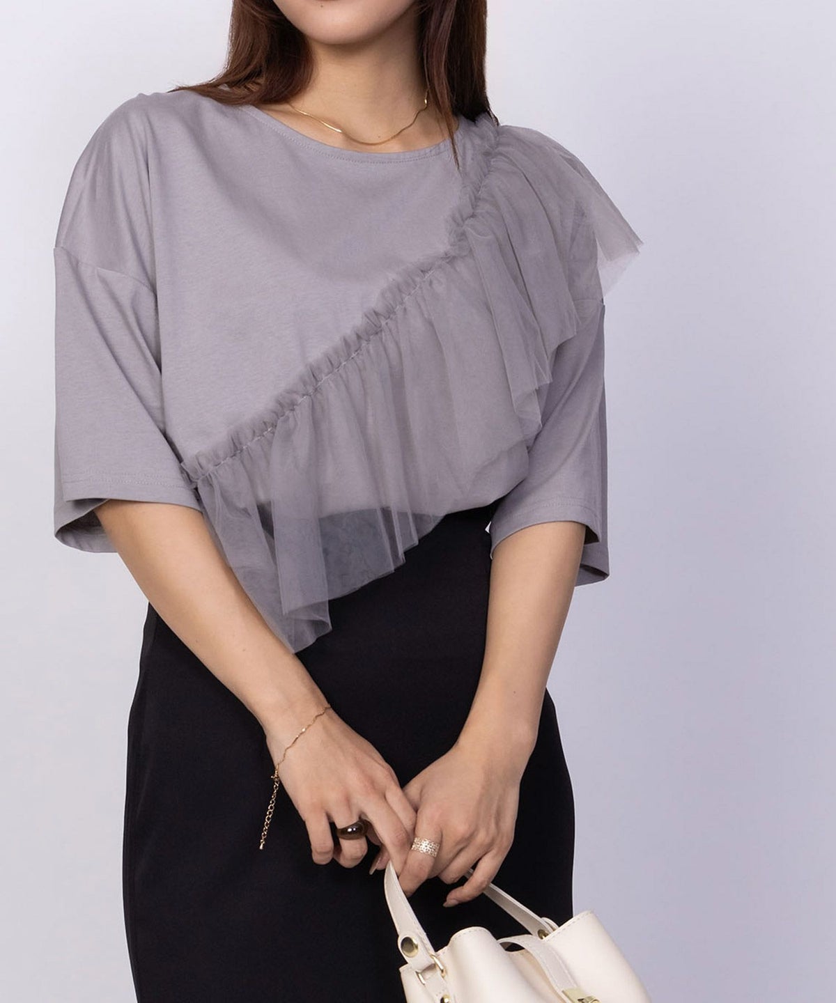 Howdy Marie 身頃チュール5分袖Tシャツ レディース ネコポス 対応商品