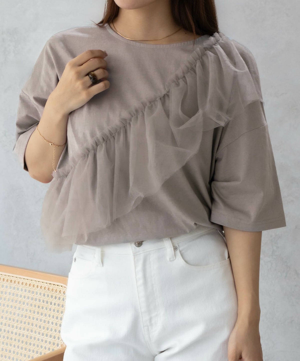 Howdy Marie 身頃チュール5分袖Tシャツ レディース ネコポス 対応商品