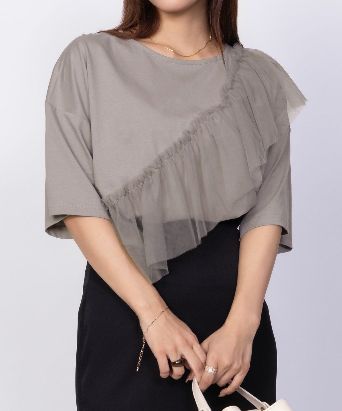 Howdy Marie 身頃チュール5分袖Tシャツ レディース ネコポス 対応商品