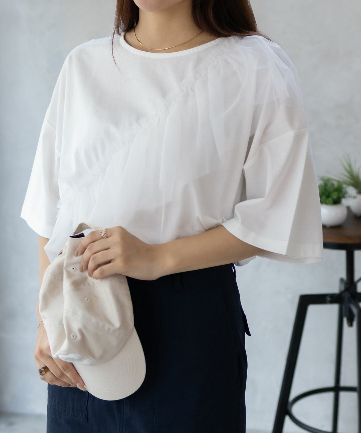 Howdy Marie 身頃チュール5分袖Tシャツ レディース ネコポス 対応商品