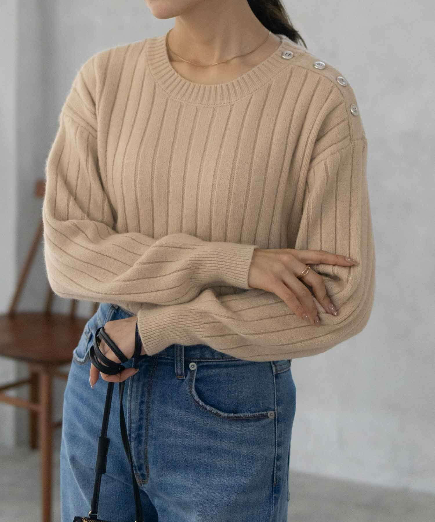 タグ付き未使用　Short Sleeve Knit Pullover nAvy もちり もちもち 洗えるニット 肩ボタンクルーネック レディース