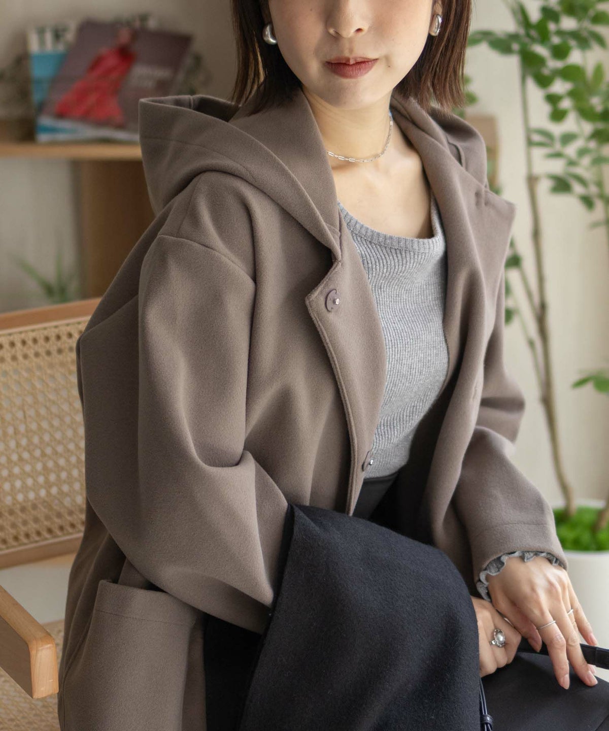 NAVY フードロングコート レディース