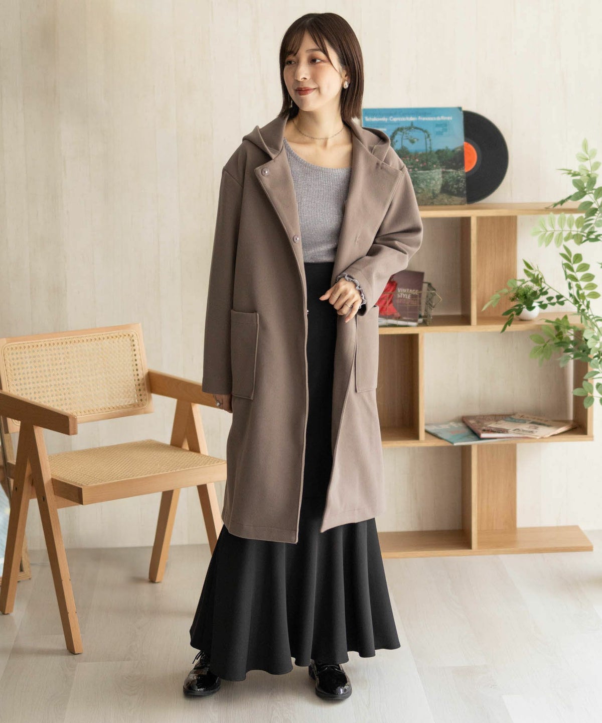 NAVY フードロングコート レディース