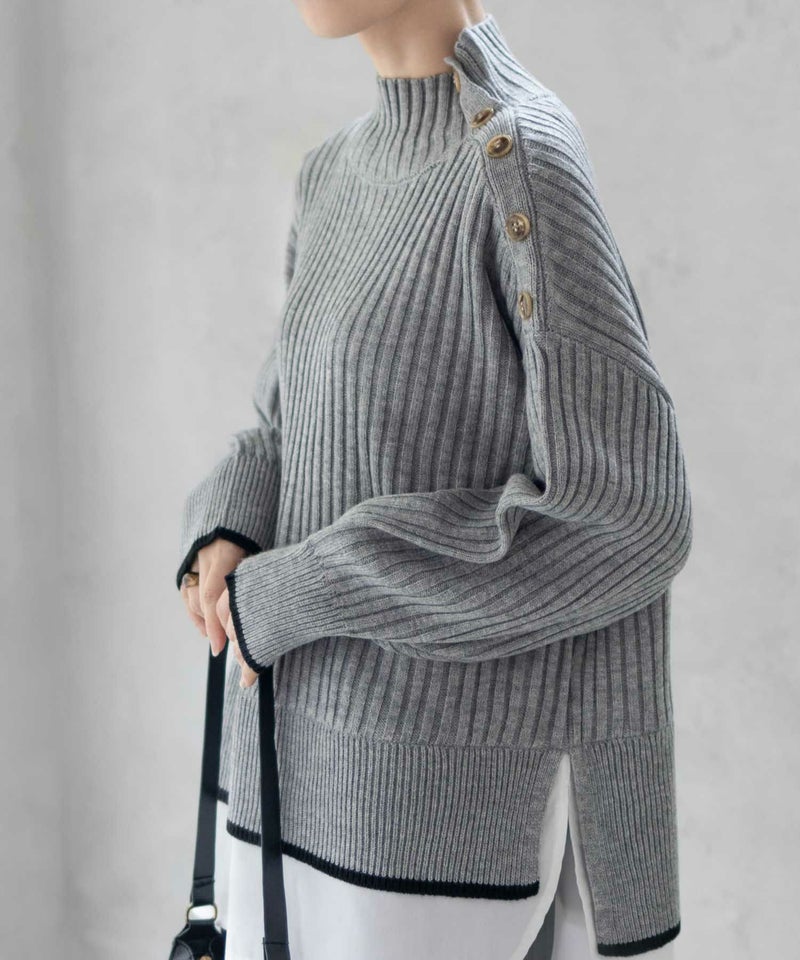 [期間限定knit]nAvy 肩ボタンフェイクレイヤードハイネックニットプルオーバー レディース商品画像-2