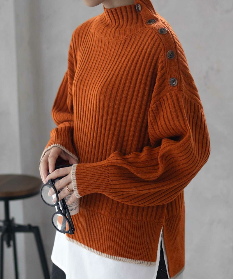 [期間限定knit]nAvy 肩ボタンフェイクレイヤードハイネックニットプルオーバー レディース商品画像-3