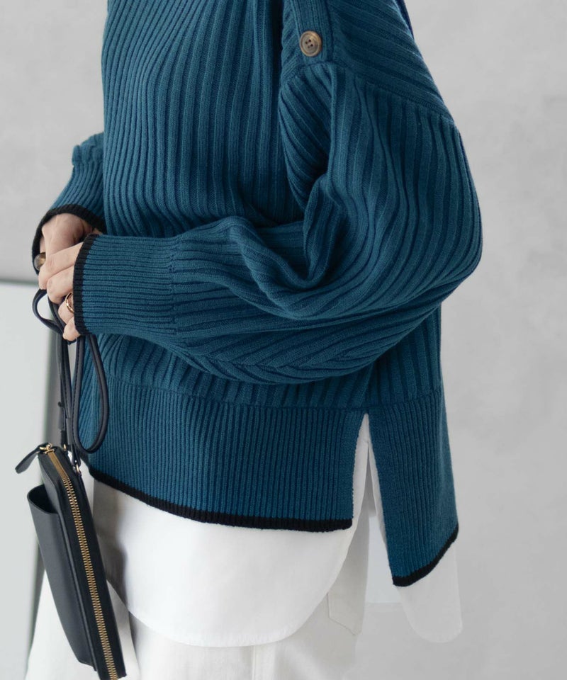 [期間限定knit]nAvy 肩ボタンフェイクレイヤードハイネックニットプルオーバー レディース商品画像-4