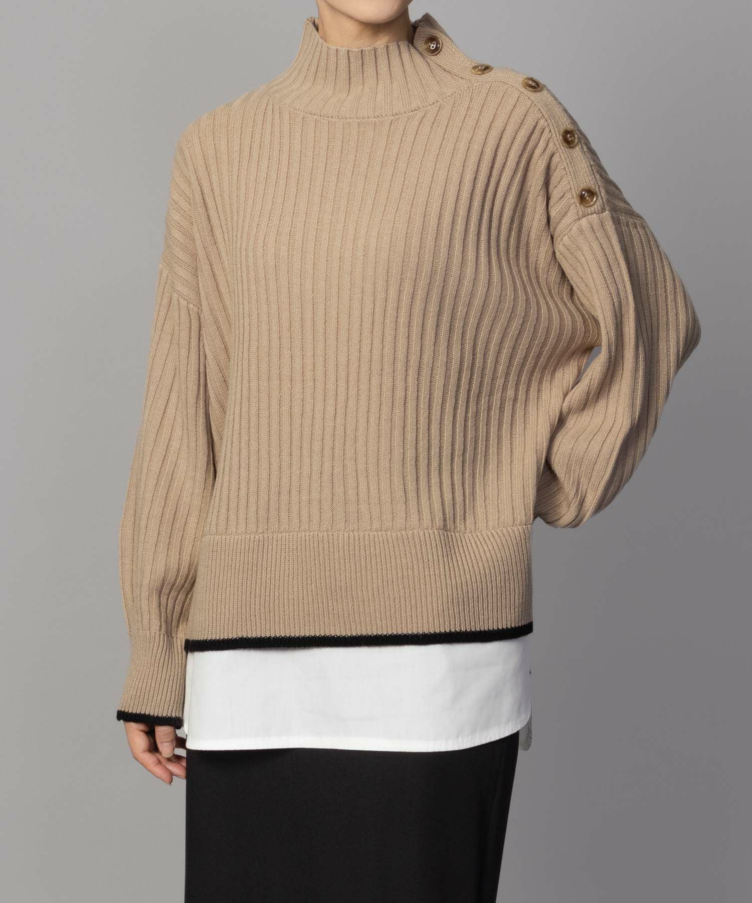 【ベージュ（27）】【NOIR】フェイクレイヤーハイネックセーター nAvy 肩ボタンフェイクレイヤードハイネック レディース