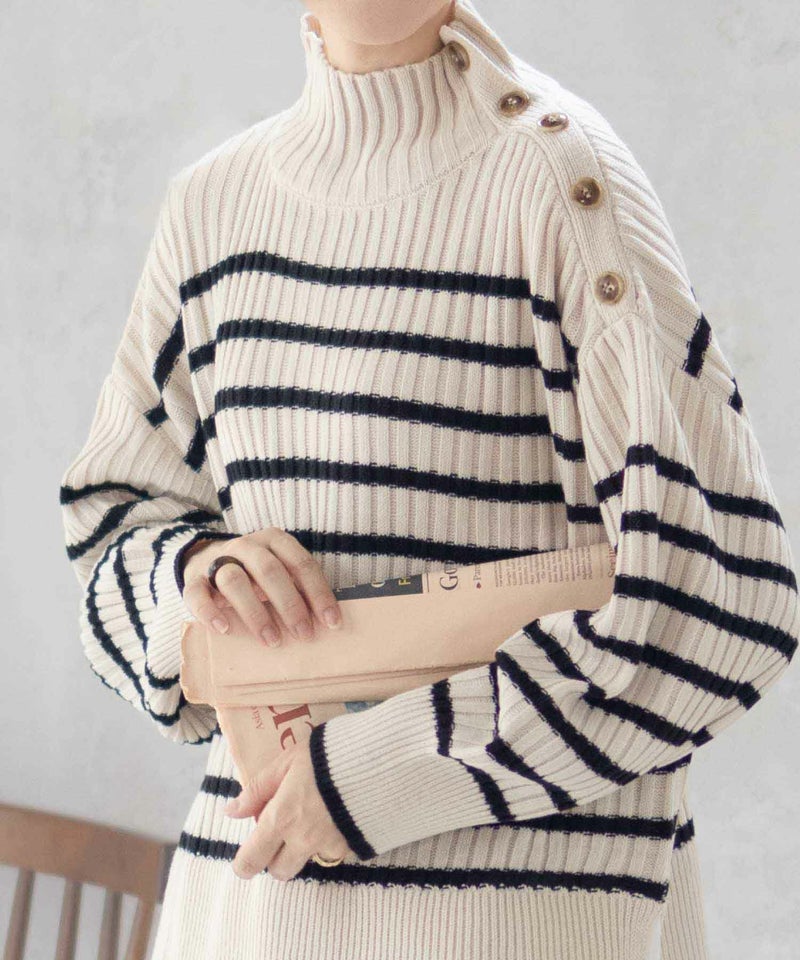 [期間限定knit]nAvy 肩ボタンフェイクレイヤードハイネックニットプルオーバー レディース商品画像-6