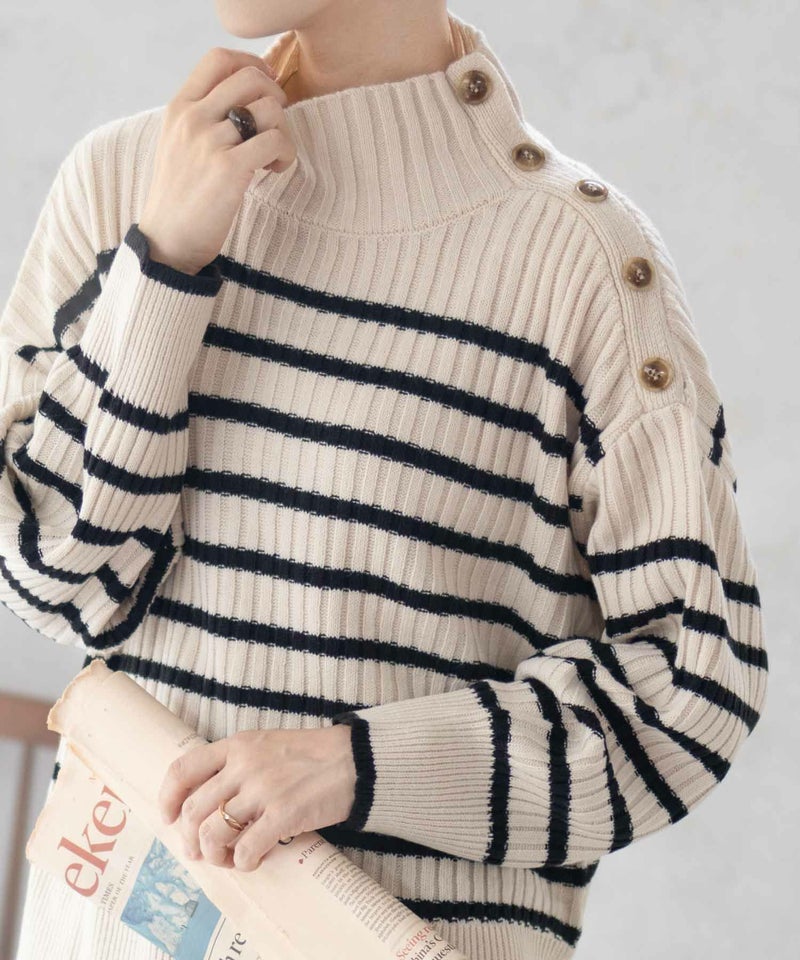 [期間限定knit]nAvy 肩ボタンフェイクレイヤードハイネックニットプルオーバー レディース商品画像-7