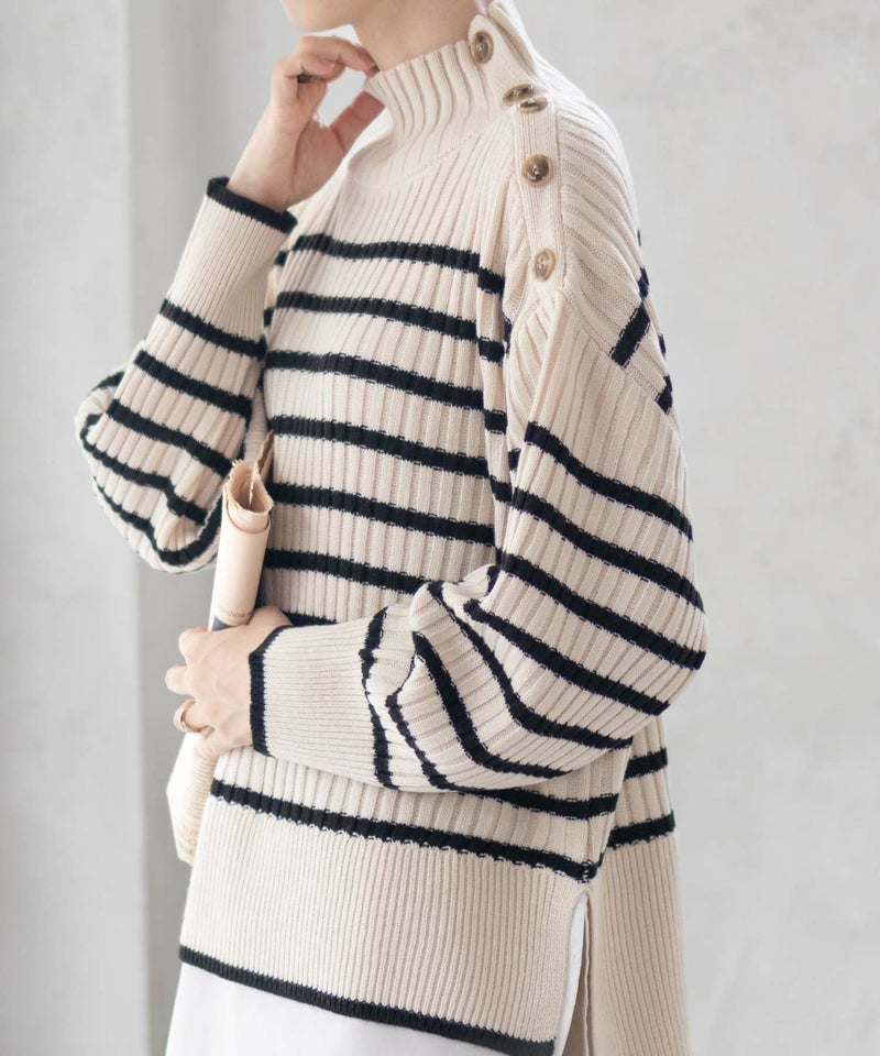 [期間限定knit]nAvy 肩ボタンフェイクレイヤードハイネックニットプルオーバー レディース商品画像-8