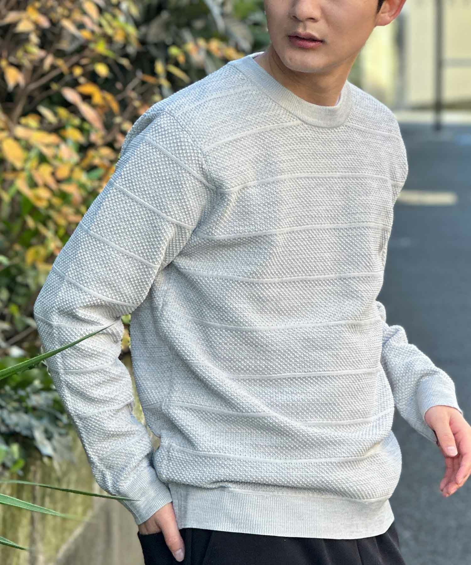 NAVY 軽快ニット メッシュボーダークルーネック メンズ