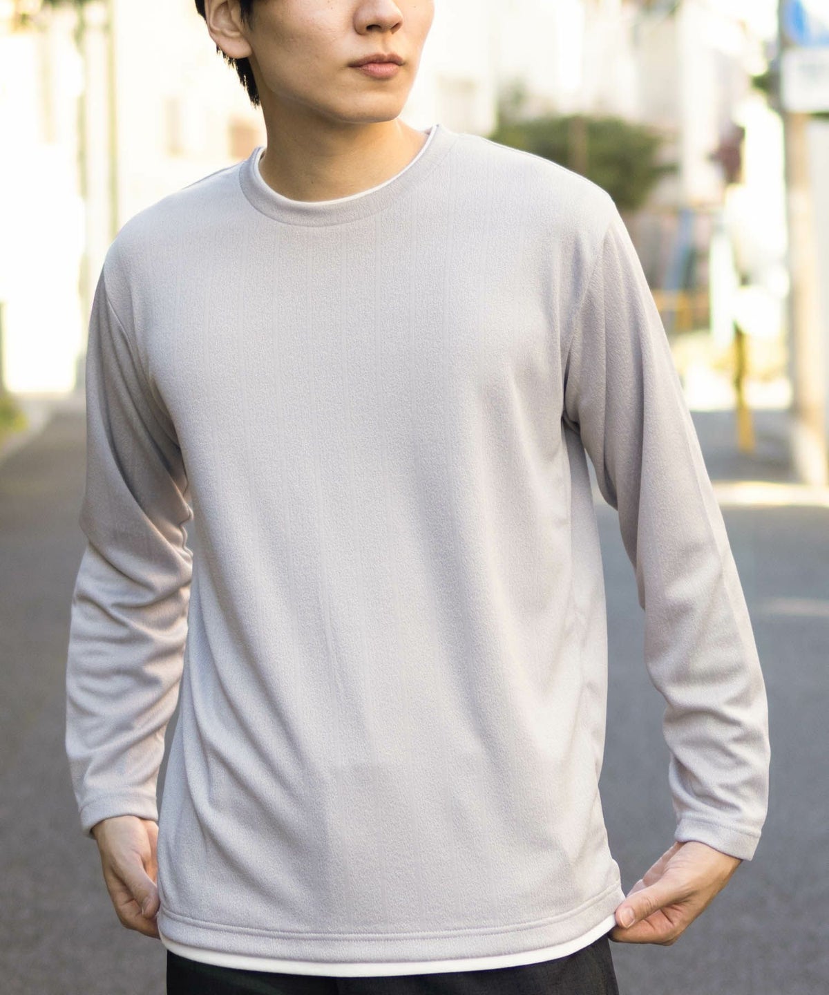 NAVY ストライプフェイクレイヤード長袖Tシャツ メンズ