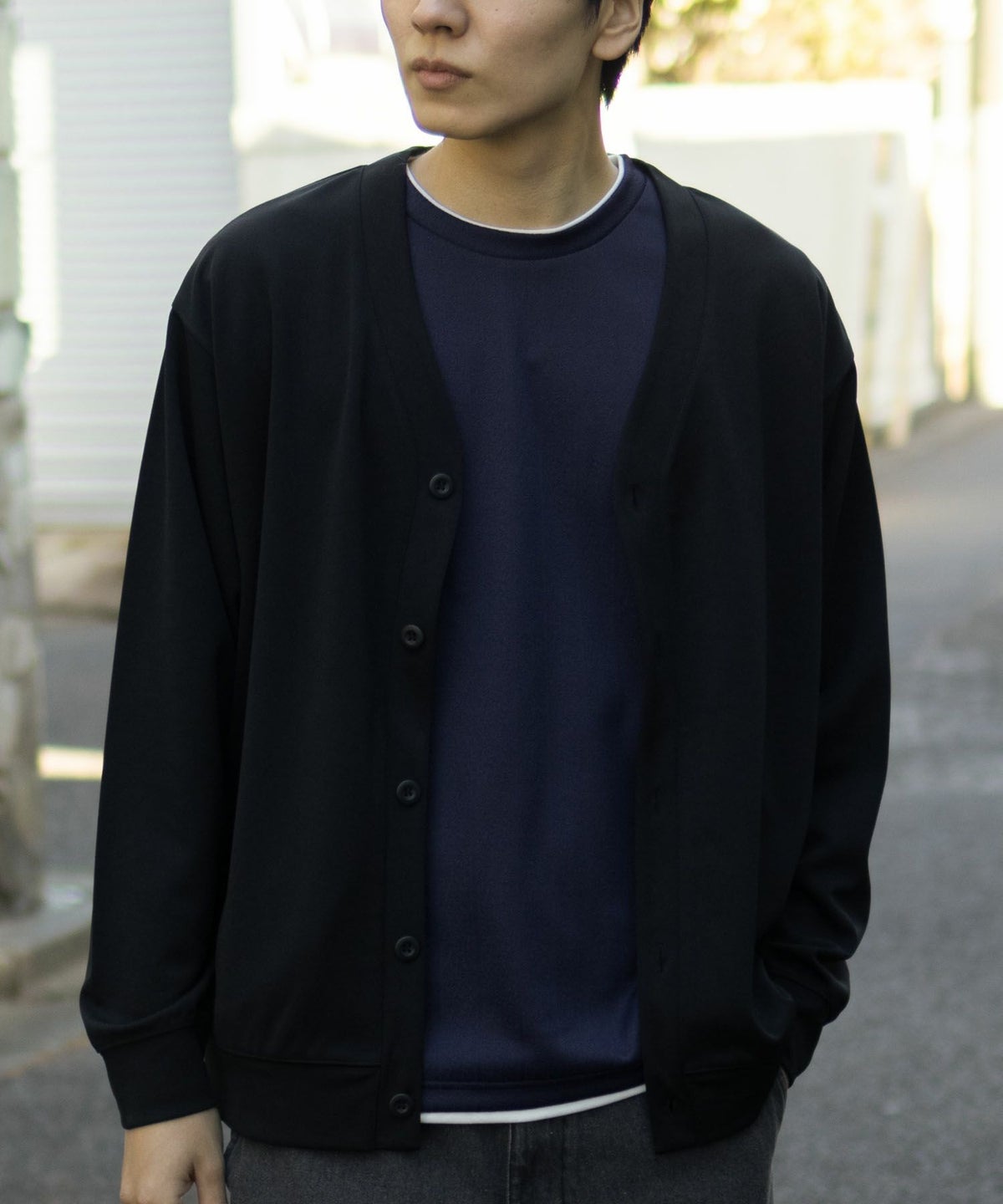 NAVY ストライプフェイクレイヤード長袖Tシャツ メンズ