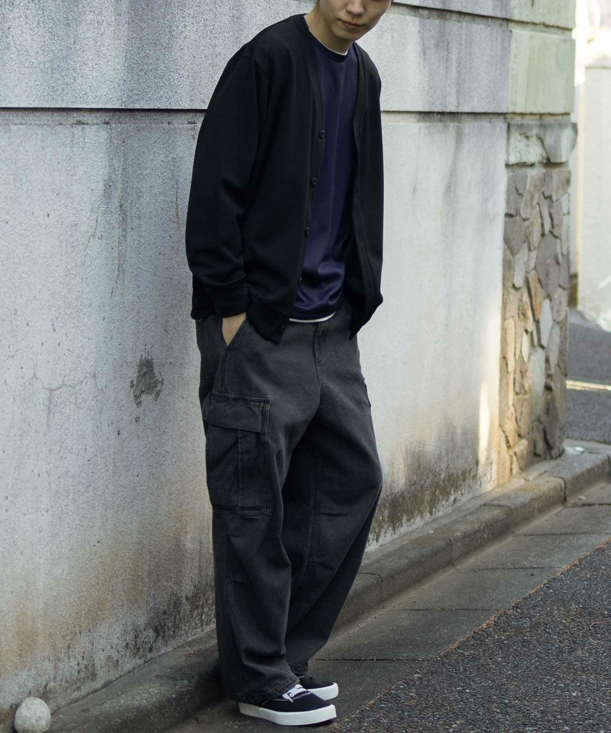 NAVY ストライプフェイクレイヤード長袖Tシャツ メンズ