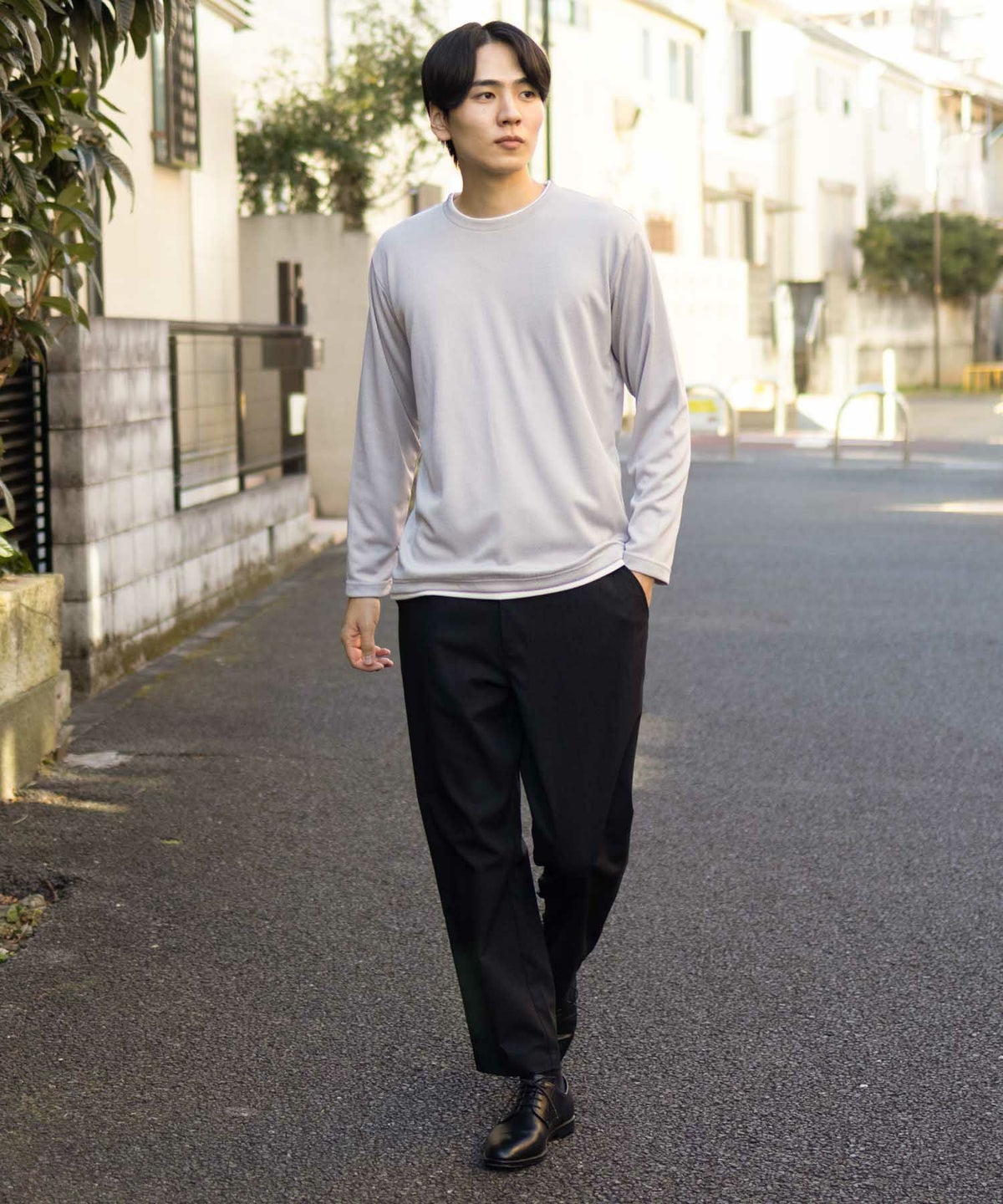 NAVY ストライプフェイクレイヤード長袖Tシャツ メンズ